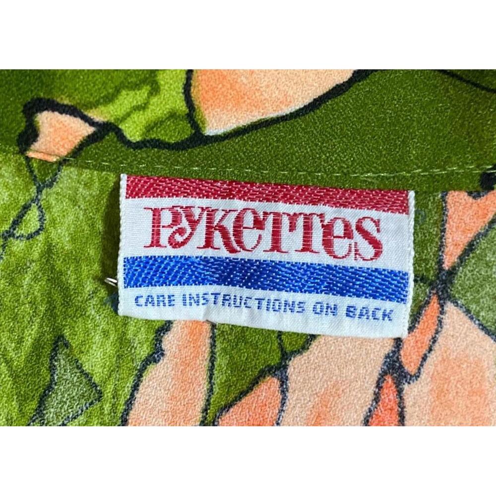 1960's MOD Watercolor Floral Avocado Green + Orange Shirt Dagger Collar Large - Picture 8 of 9
